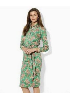 Green Paisley Shirt Dress with Tie Waist